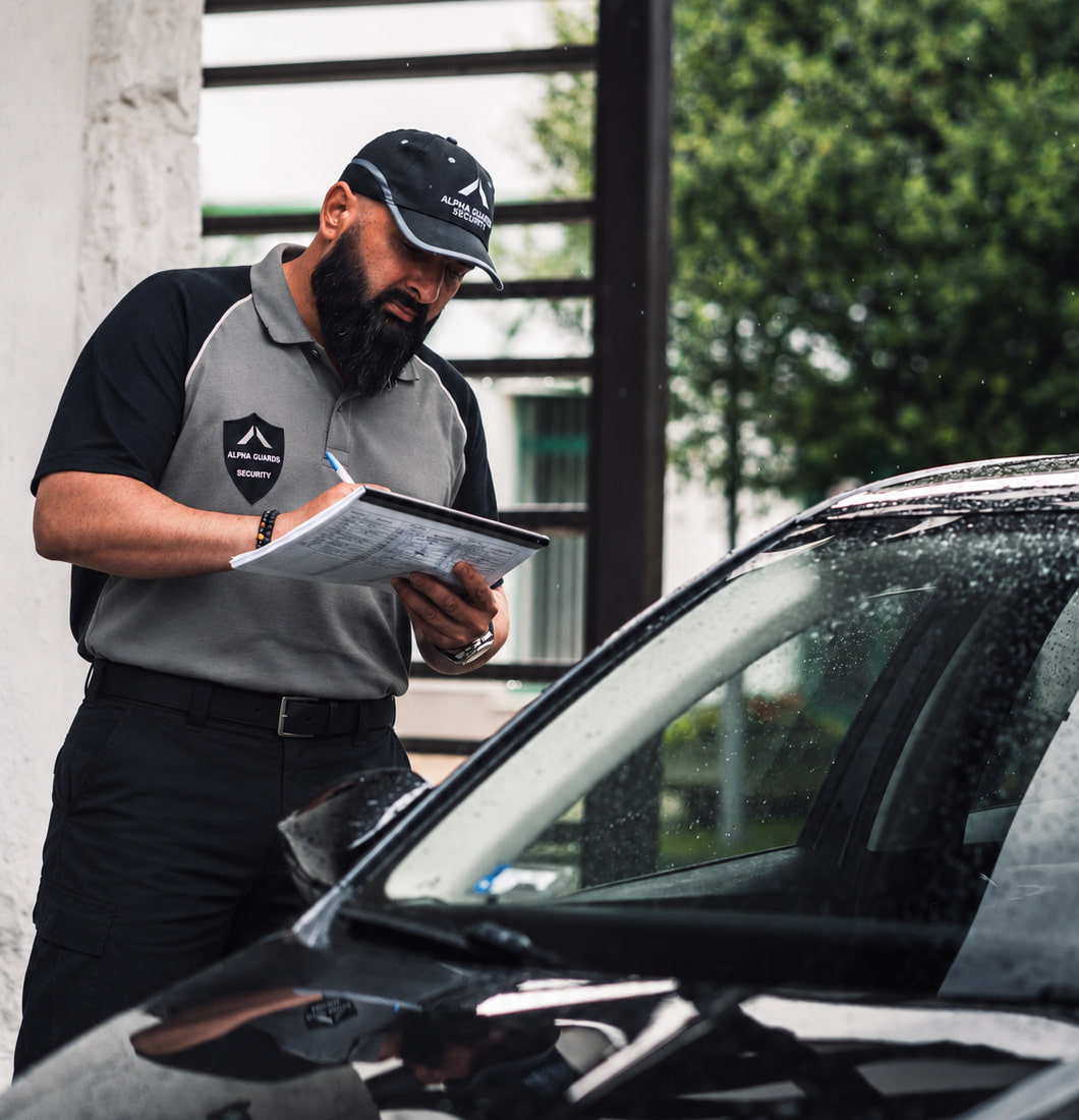 Alpha Guards officer completing service records beside a vehicle